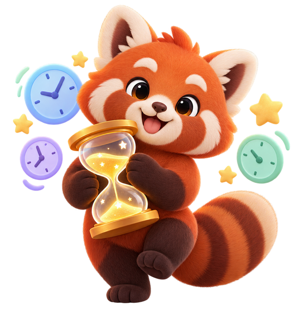 A cheerful red panda holding an hourglass